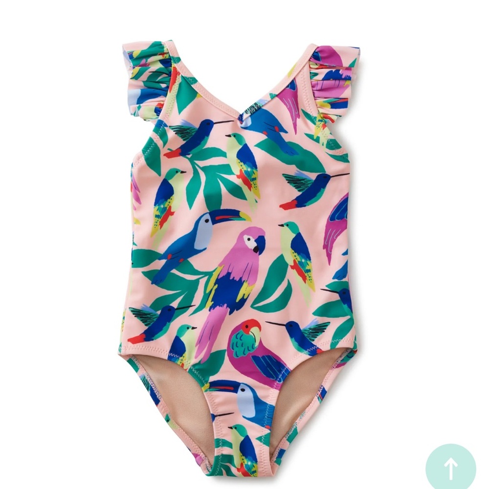 Tea Collection toddler one-piece ruffle sleeve swimsuit, tropical bird, size 5